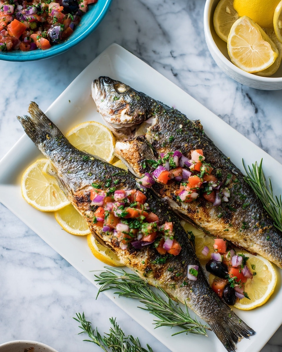Two whole grilled fish lie side by side on a white rectangular plate placed on a white marbled surface. The fish are golden brown with grill marks and crispy skin. Inside the fish and around them are thin yellow lemon slices and sprigs of fresh green herbs. On top of each fish is a colorful mix of chunky diced red tomatoes, purple onion pieces, green herbs, and small dark purple olives, creating a fresh, vibrant layer. In the background, there is a partial view of a white bowl filled with a similar tomato-based salad, and a white bowl with lemon wedges. Photo taken with an iphone --ar 4:5 --v 7