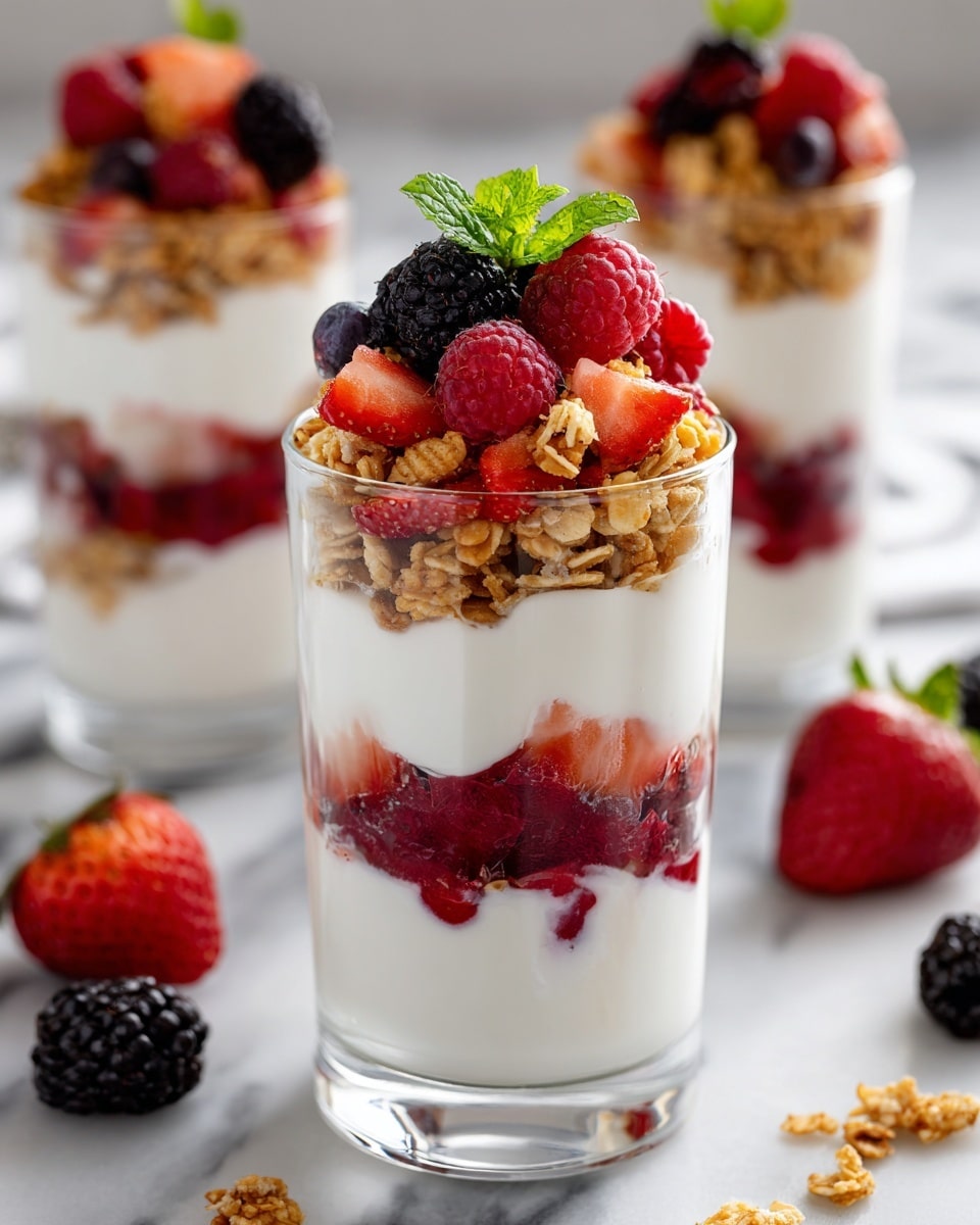 This image shows a clear glass filled with four layers from bottom to top. The first layer is white yogurt with a smooth texture. The second layer is bright red raspberries with a soft, bumpy look. The third layer is golden-brown granola, which looks crunchy and clumped. The fourth layer is a mix of fresh red strawberries sliced, black blackberries, a red raspberry, and bright green mint leaves, creating a colorful and fresh look on top. The glass rests on a white marbled surface with scattered fresh strawberries, blackberries, and mint leaves around it. Photo taken with an iphone --ar 4:5 --v 7