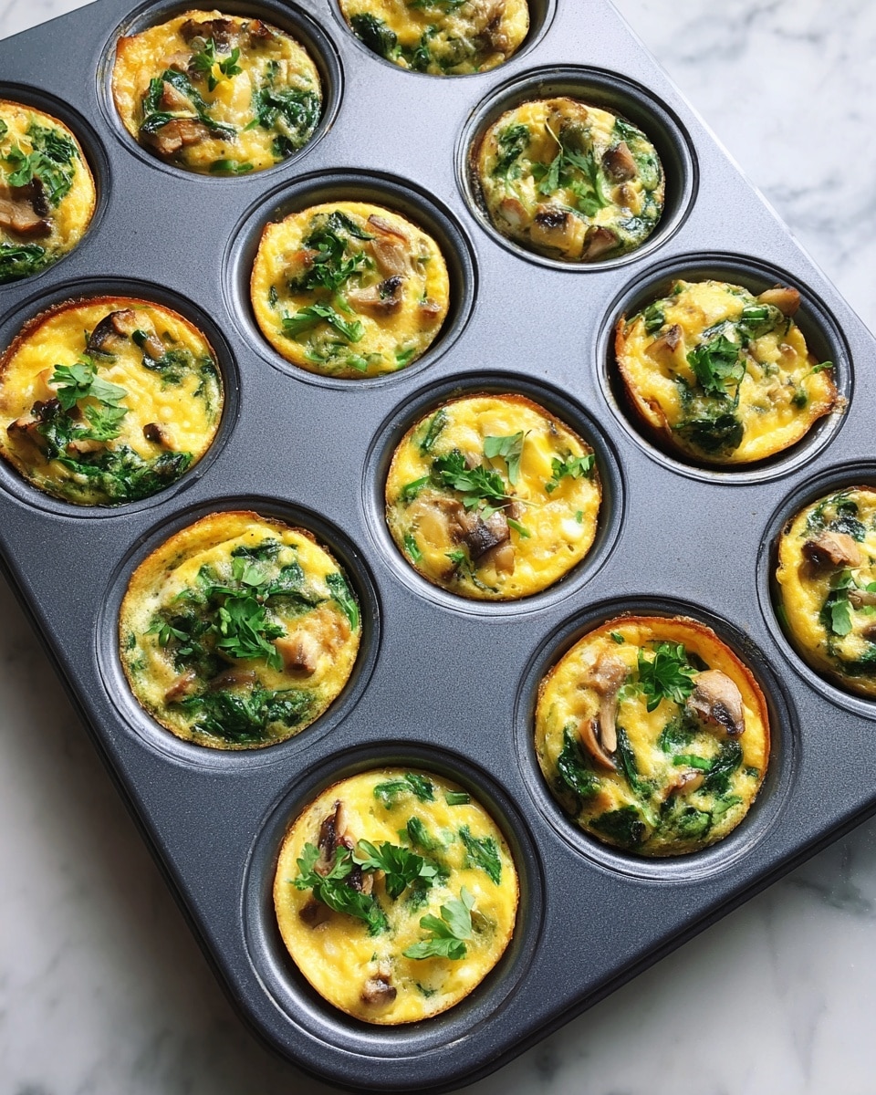 A muffin tray holds twelve small round egg muffins, each about the size of a standard cupcake, with a pale yellow egg base studded with dark green spinach pieces and scattered brown mushroom bits. The tops are slightly puffy and uneven, with a soft cooked texture showing gentle browning in places. The tray sits on a white marbled surface, and the muffins fill each cup fully, showing soft edges where the egg meets the metal. photo taken with an iphone --ar 4:5 --v 7