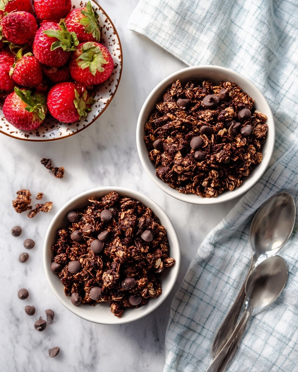The image shows two white bowls filled with dark brown granola mixed with chocolate chips, giving a mix of rough and smooth textures. The granola is chunky, with visible oat clusters and small melted spots of chocolate. Above and to the left, there is a smaller white bowl with bright red strawberries and raspberries, fresh and shiny with small green leaves on the strawberries. The bowls are placed on a white marbled surface. To the right of the bottom bowl, two metal spoons lay on a blue and white checkered cloth. A few scattered granola bits are visible on the surface. Photo taken with an iphone --ar 4:5 --v 7