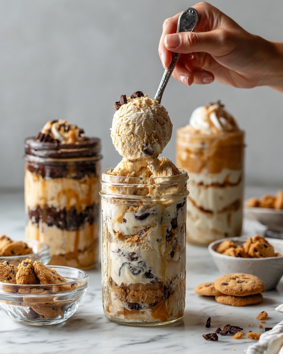 The image shows six small glass jars filled with different creamy dessert layers, arranged in two rows of three on a white marbled surface. The top left jar has a light cream base with chunks of dark chocolate cookies mixed inside. The top middle jar is filled with smooth white cream. The top right jar contains creamy white filling with small chocolate chips scattered throughout. The bottom left jar is filled with white and pink swirled cream with a red fruit sauce in the center. The bottom middle jar holds a light cream with chunks of dark chocolate brownie mixed in. The bottom right jar contains light cream mixed with chocolate chips and cookie pieces. Around the jars are small bowls of dark chocolate, peanut butter, crushed cookies, chocolate chips, cookie dough bits, and a spoon with red fruit sauce. photo taken with an iphone --ar 4:5 --v 7