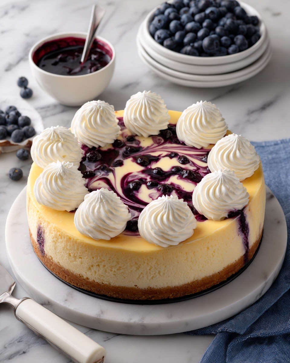 A round dessert on a white marble surface, featuring a single thick crust layer at the bottom. The top has a yellow creamy layer swirled with deep purple blueberry sauce in a feathered pattern across the center. Around the edge, nine white whipped cream rosettes are evenly spaced, each soft and fluffy with visible vanilla bean specks. The dessert sits on a round, white marble serving board, and nearby are a small glass bowl filled with blueberries in syrup, two loose blueberries on the marble, and a white-handled spatula resting on a light blue cloth. Photo taken with an iphone --ar 4:5 --v 7