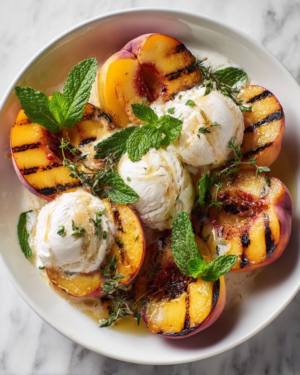 The image shows a white pan filled with seven grilled peach halves arranged in a slightly overlapping way. The peach halves have dark char marks and bright orange-yellow skin with some reddish tint on the edges. There are four scoops of melting white vanilla ice cream placed on top of four peach halves, creating creamy white pools. Fresh green mint leaves are scattered around and on top of the peaches, adding a pop of green color. The pan is placed on a white marbled surface. photo taken with an iphone --ar 4:5 --v 7