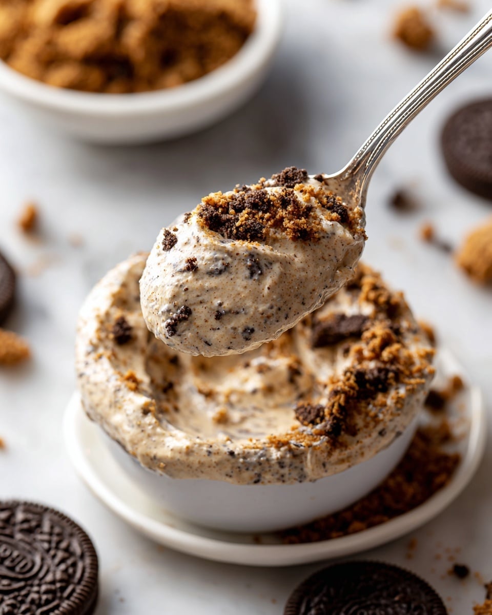 The image shows five white bowls and a glass jug arranged on a white marbled surface. One bowl is filled with small, white mini marshmallows, another holds dark crushed Oreo cookies with a crumbly texture. A third bowl contains smooth, white whipped topping with a soft swirl on top. A small paper bag placed near the center holds finely powdered Oreo pudding mix in a dark gray color. Next to it, there is a clear glass jug with whole milk, showing a smooth white liquid inside. The items are neatly arranged in a light, clean setting, ready for preparing a dessert photo taken with an iphone --ar 4:5 --v 7