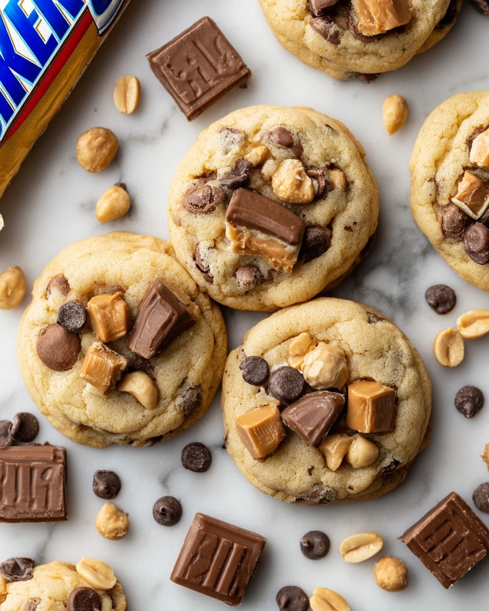 The image shows several round cookies with a light yellow, soft texture base, each topped with visible chunks of caramel, chocolate chips, peanuts, and small pieces of Snickers candy bars embedded on the surface. The cookies are arranged loosely on a white marbled surface, with extra caramel squares, peanuts, and chocolate chips scattered around them. There is a partially visible Snickers candy wrapper on the side. The texture of the cookies looks slightly cracked and soft with gooey caramel portions on top. photo taken with an iphone --ar 4:5 --v 7