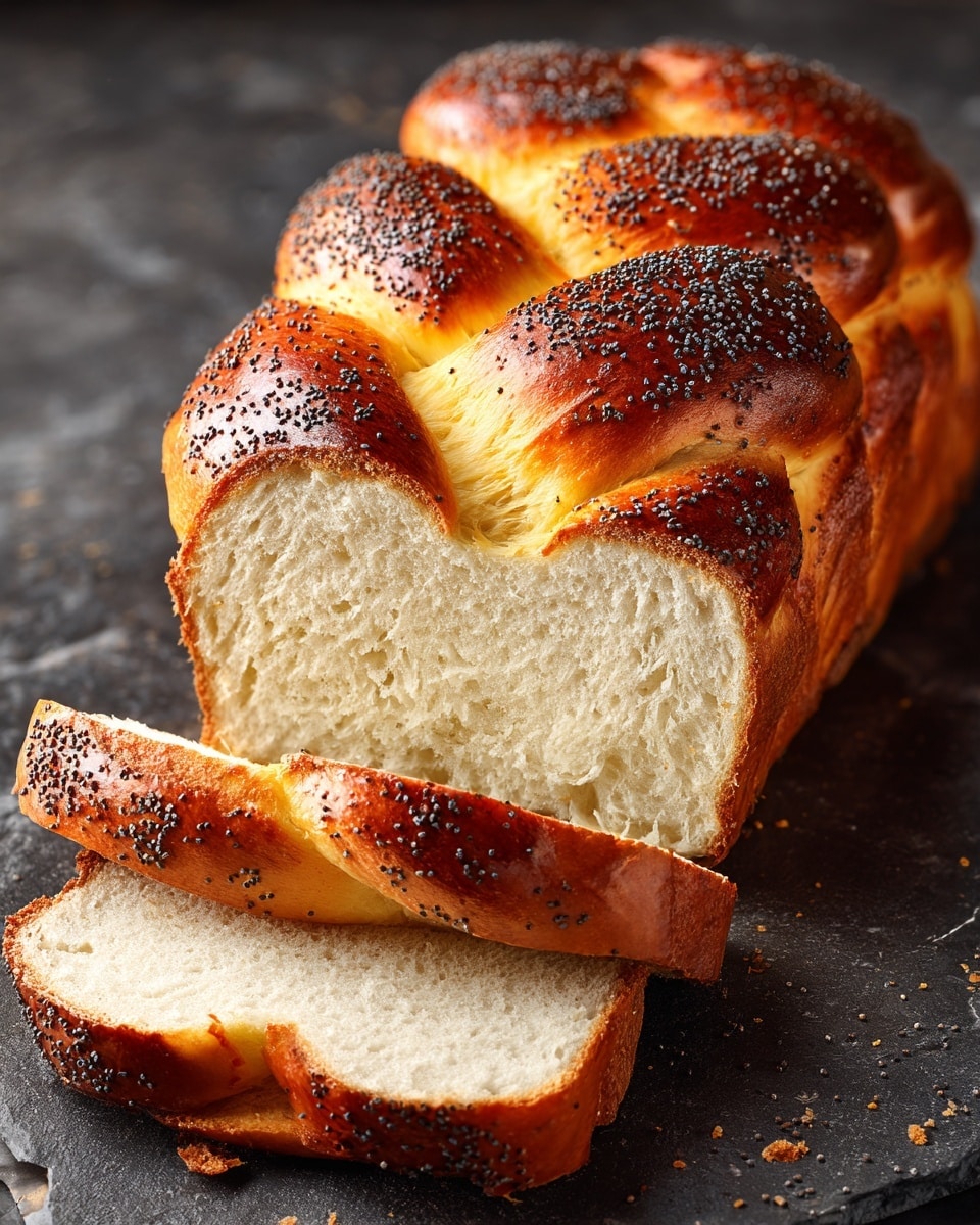 A loaf of braided bread with a shiny golden-brown crust sprinkled with black poppy seeds lies on a white marbled surface. The bread has been sliced into five pieces, showing a soft, white, and fluffy inside with a fine, even texture. The braided pattern is clear on the loaf, giving it a textured, twisted appearance. The slices are arranged in a slightly overlapping line directly in front of the loaf. The overall look is fresh and inviting, highlighting the contrast between the crust and the soft interior. Photo taken with an iphone --ar 4:5 --v 7