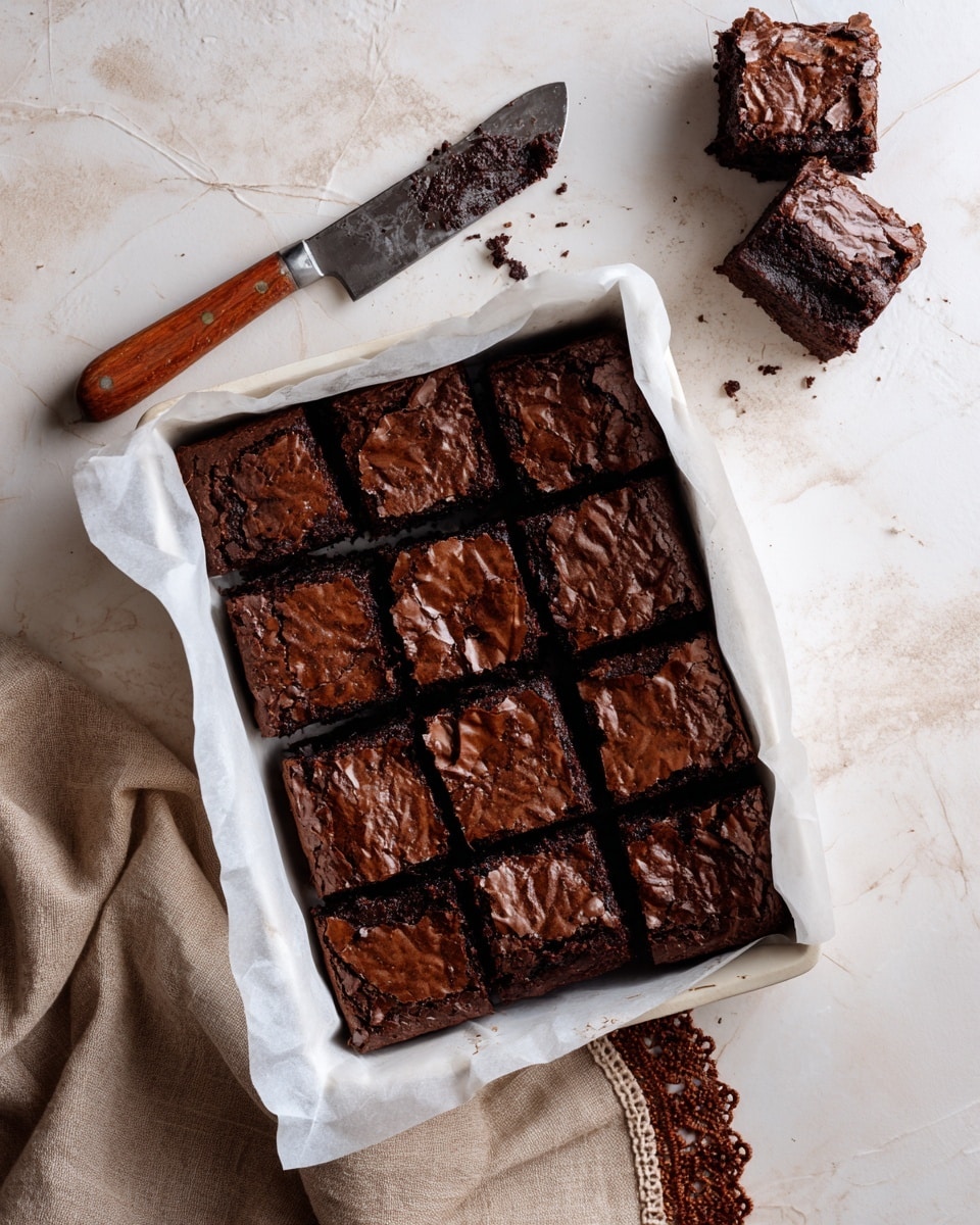 A white baking pan lined with white parchment paper holds a batch of dark brown brownies, cut into 20 square pieces with a shiny, slightly cracked surface showing a fudgy texture inside. Two brownies are placed outside the pan, one on the white marbled surface near the top left, and the other on the right side. A knife with a wooden handle and chocolate crumbs rests above the pan. A beige cloth with a pink lace edge lies partly under the pan on the right. The whole scene is set on a white marbled background photo taken with an iphone --ar 4:5 --v 7