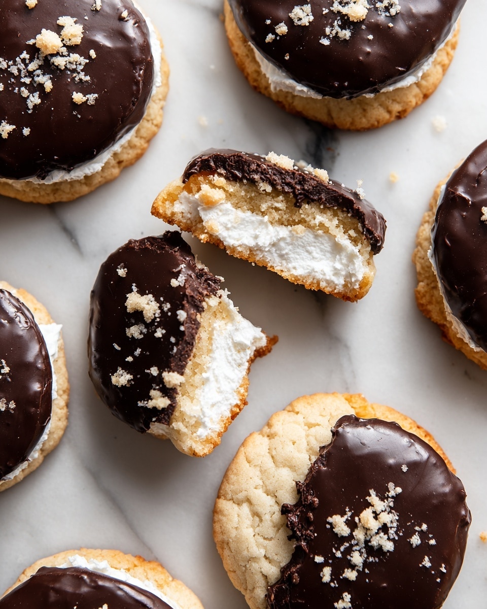 This image shows several cookies on a white marbled surface. Each cookie has three layers: a light beige cookie base, a thick fluffy white marshmallow in the middle, and a shiny dark brown chocolate topping that looks smooth and slightly dripping. Small crumbles of a light brown biscuit or graham cracker are sprinkled on top of the chocolate. One cookie in the center has a bite taken out, revealing the soft inside of the cookie and melted chocolate. Photo taken with an iphone --ar 4:5 --v 7