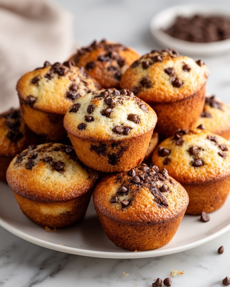 A pile of small, round chocolate chip muffins fills a large white plate, each muffin light golden brown with a slightly domed top speckled with dark chocolate chips. The muffins show a soft, tender texture with visible chocolate chips inside and a couple are broken open to reveal a moist, chocolate-speckled interior. The plate sits on a white marbled surface with some scattered crumbs nearby, giving a fresh and inviting look. photo taken with an iphone --ar 4:5 --v 7
