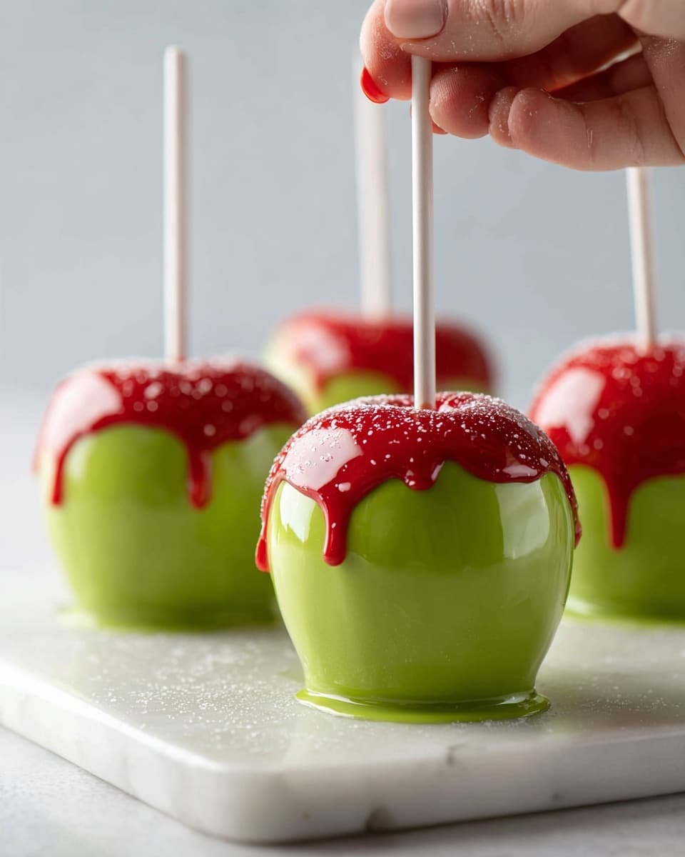 Four shiny red candy apples are shown on a white marbled surface, each coated in a thick, glossy red candy layer that bubbles slightly at the base. The apples are bright green underneath the red candy layer, visible where it does not cover the top near the white sticks inserted vertically into each apple's center. A woman's hand is holding the stick of the front apple. The background is plain with a soft neutral tone. photo taken with an iphone --ar 4:5 --v 7
