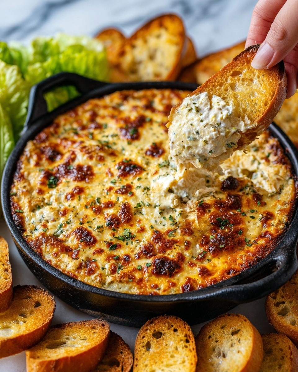 The image shows a round black pan filled with a thick, golden-brown baked dip that has a bubbly, slightly crispy top layer of melted cheese. Inside the dip, you can see a creamy white layer with soft textures mixed with bits of a lighter, beige filling underneath. A woman's hand is holding a piece of toasted bread with a golden crust, dipped into the cheese, pulling up a gooey string of melted cheese from the pan. The pan is set on a wooden board with fresh leafy green lettuce in the background, and the scene is placed on a white marbled surface. Photo taken with an iphone --ar 4:5 --v 7