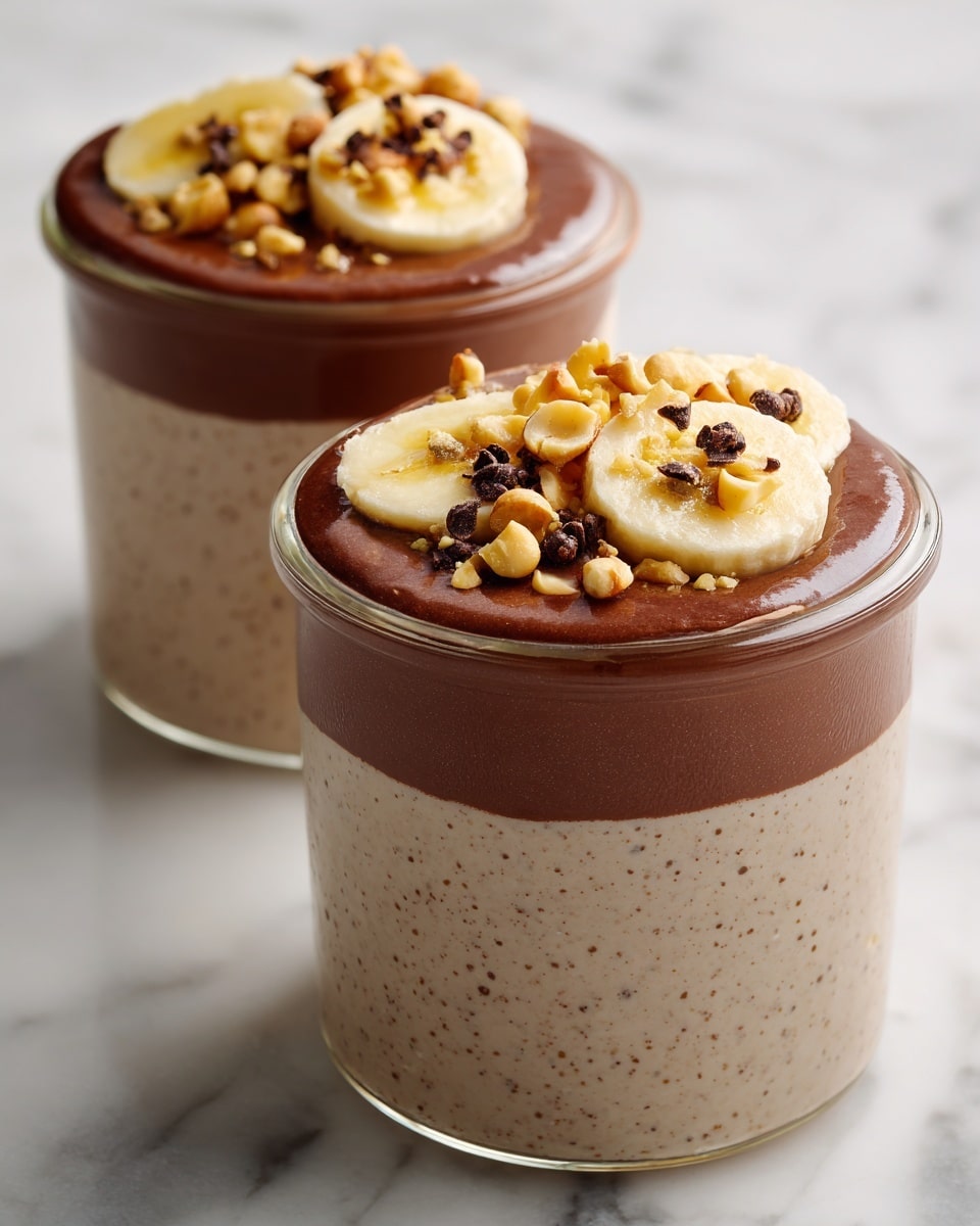 Two glass jars filled with three layers: a bottom creamy beige layer with a smooth texture, a thin middle layer of dark glossy chocolate, and a top layer sprinkled with golden roasted peanuts, light yellow banana slices, and small dark brown cacao nibs. The jars are placed on a white marbled surface with some scattered peanuts and cacao nibs around. photo taken with an iphone --ar 4:5 --v 7