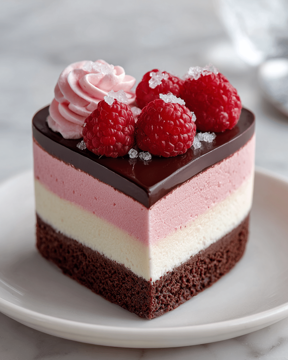 Two heart-shaped dessert pieces are placed on a white plate with soft edges. Each piece has four clear layers: the bottom layer is a dark brown, textured cake base; above it is a smooth light pink mousse layer; then a smooth off-white mousse layer; and on top is a shiny dark brown chocolate layer that covers the heart shape. The top is decorated with fresh red raspberries and a small red rose made from frosting in the center, with a little sparkling sugar around the rose. The plate sits on a white marbled surface. Photo taken with an iphone --ar 4:5 --v 7