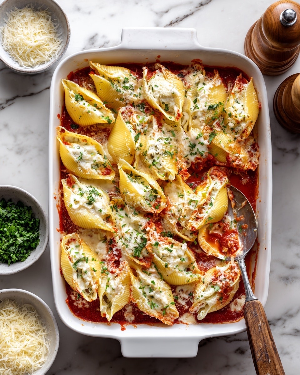 The image shows a white rectangular baking dish filled with large yellow pasta shells arranged in two neat layers. The first layer is covered with a rich red tomato sauce that spreads evenly at the bottom of the dish. The second layer has stuffed pasta shells topped with melted white and light golden cheese and dollops of red tomato sauce on top. Chopped green herbs are sprinkled over the cheese for a fresh touch. A metal spoon with a wooden handle is partially lifting one stuffed shell from the lower right corner. The dish is placed on a white marbled surface with a small white bowl of chopped green herbs to the left and a wooden bowl of grated cheese to the lower right. A wooden pepper grinder is visible in the top left corner, and a light beige cloth napkin peeks out from under the baking dish on the left side. Photo taken with an iphone --ar 4:5 --v 7