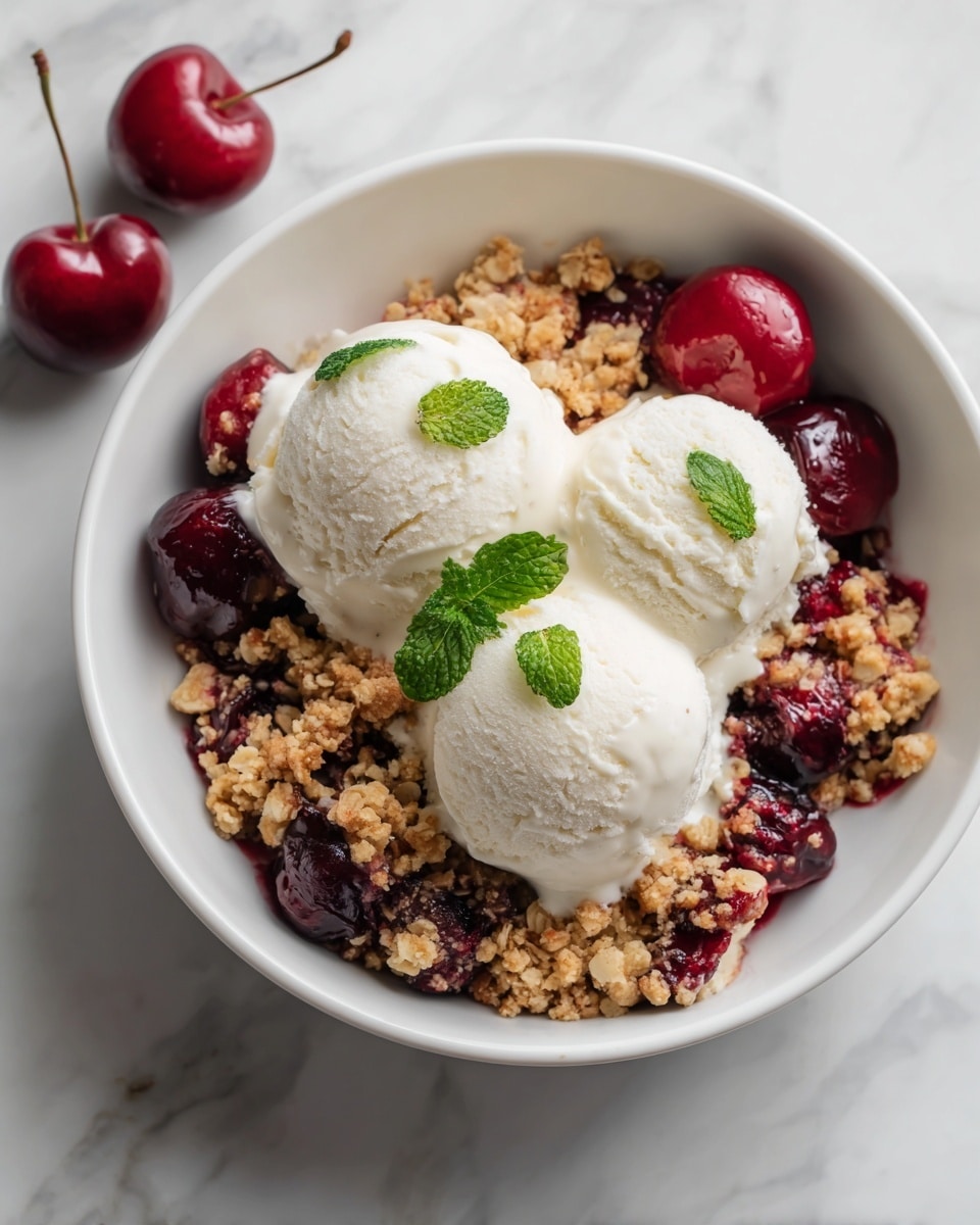 A white round dish holds a layered cherry crumble with three main parts: the bottom layer is dark red cherry filling with whole cherries visible, followed by a golden-brown oat crumble topping spread unevenly over the fruit, and three pale cream-colored scoops of ice cream placed on one side of the crumble, garnished with a small fresh green mint leaf; the dish sits on a white marbled surface with two whole dark red cherries beside it, and some cherry juice slightly smudged on the dish edge. photo taken with an iphone --ar 4:5 --v 7