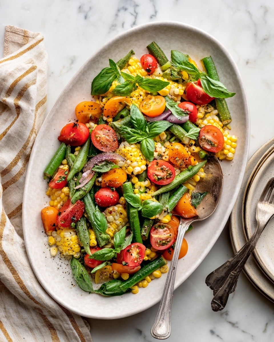 A white oval plate filled with a colorful vegetable salad is shown on a white marbled surface. The salad layers include bright yellow corn kernels, green okra slices with visible seeds, green broad beans, red tomato pieces, and bits of red onion. Fresh green basil leaves are scattered on top, adding a fresh touch. A silver spoon rests inside the plate on the right side, with part of the salad on it. Nearby, there are a white plate stacked on a beige plate with a fork resting beside them. A woman’s hand holds a striped light brown and white cloth visible on the bottom left corner. The overall scene is bright and fresh, photo taken with an iphone --ar 4:5 --v 7