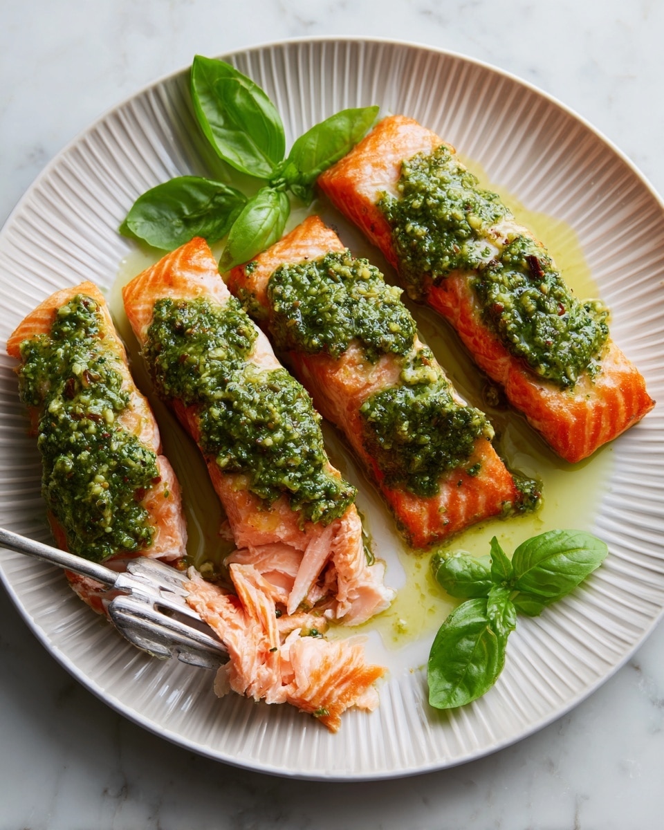 Three thick pieces of bright orange cooked salmon are arranged close together on a white plate with ridged edges. Each salmon piece is topped evenly with a thick layer of chunky, dark green pesto sauce. One piece of salmon is partially flaked with a fork, showing its soft, moist pink interior. Fresh, whole green basil leaves decorate the corners of the plate. The plate sits on a white marbled surface. photo taken with an iphone --ar 4:5 --v 7