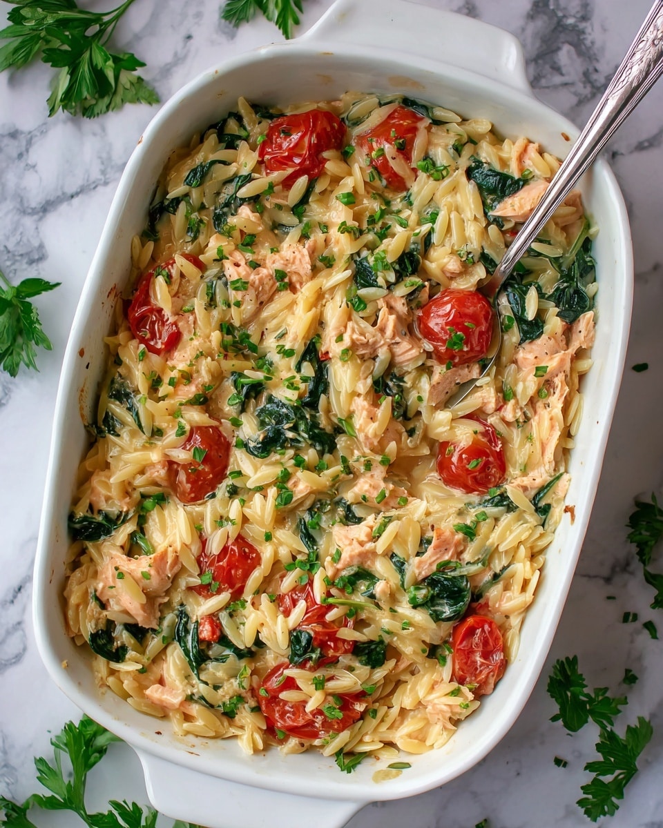 The image shows a white rectangular baking dish filled with a creamy mixture of three main layers: a base of small orzo pasta pieces, chunks of pink cooked salmon, and bright red whole cherry tomatoes. Mixed within are vibrant dark green spinach leaves and fresh green chopped parsley sprinkled on top. The creamy sauce coats all ingredients, giving a slightly glossy look. There is a silver spoon placed inside the dish on the left side, partially covered with the mixture. The dish sits on a white marbled surface, with scattered fresh parsley leaves, a striped cloth, a bowl of chopped green herbs, and small containers of black pepper and more green herbs nearby. Photo taken with an iphone --ar 4:5 --v 7