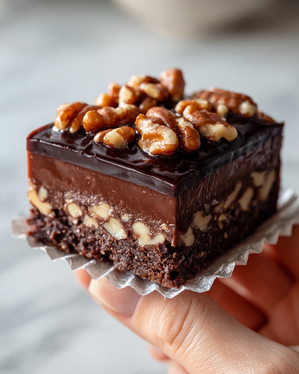 A close-up of a three-layer brownie bar held by a woman's hand, sitting on a silver foil liner. The bottom layer is dark brown and dense with a slightly crumbly texture. The middle layer is thick and filled with chopped nuts that are light tan with some bits exposed. The top layer is a glossy chocolate sauce dotted evenly with whole pecan halves that are reddish-brown and shiny. The background has a white marbled texture. photo taken with an iphone --ar 4:5 --v 7