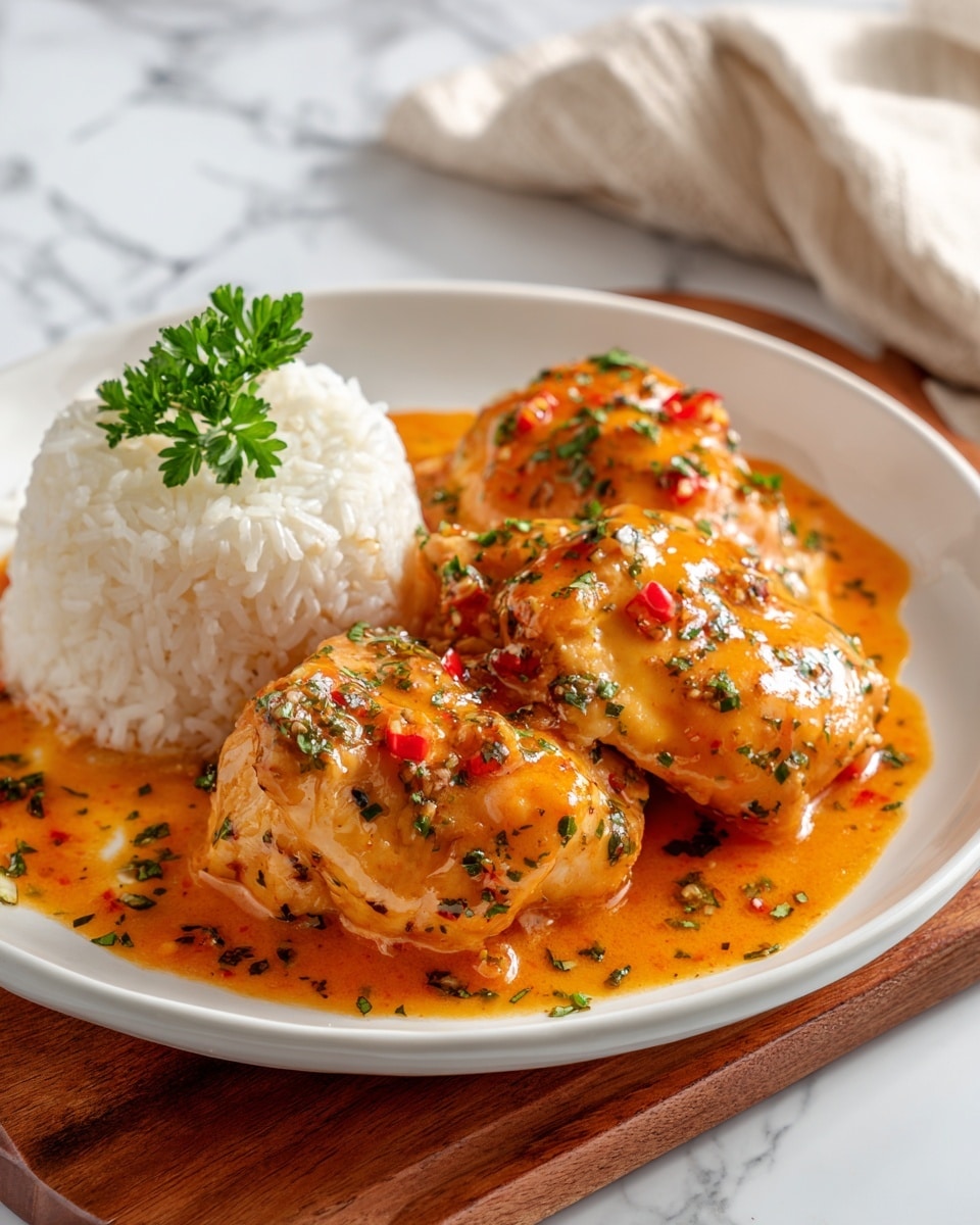 A white plate holds three pieces of cooked chicken covered in a thick orange sauce with green herbs and small red pepper pieces spread on top. Behind the chicken, there is one heap of white rice garnished with small green herbs. The plate sits on a wooden board, and the background is a white marbled surface with a soft beige cloth in the back. The image is close, showing the smooth texture of the sauce and the moist chicken photo taken with an iphone --ar 4:5 --v 7