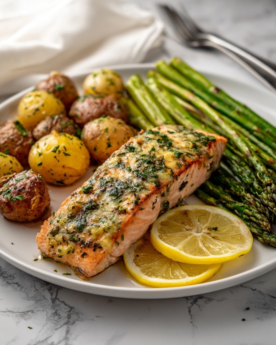 A white plate holds a meal with three parts: in the front, a piece of cooked salmon with a golden-brown surface topped with green herbs and light glaze, resting on two thin lemon slices. Behind the salmon, a row of bright green asparagus with a slight shine lies across the plate. At the back, there are small golden roasted potatoes seasoned with herbs. The plate sits on a white marbled surface with a blurred background showing a table and cloth with a fork. photo taken with an iphone --ar 4:5 --v 7