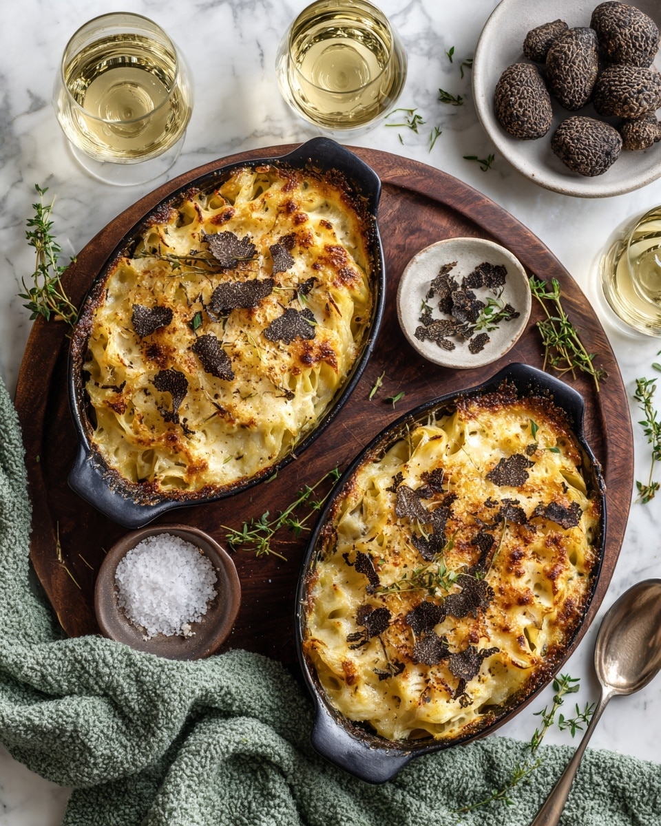The image shows two oval black baking dishes filled with creamy baked pasta that has a golden-brown crust on top. The pasta is layered under a melted cheese topping, which has browned patches and stretches of slightly crispy texture, with thin black truffle shavings sprinkled over the surface. The dishes sit on a dark wooden board placed on a white marbled surface. Around the dishes, there are two glasses of pale white wine, a small white bowl with black truffles, a green cloth, green herb sprigs, and a spoon. Photo taken with an iphone --ar 4:5 --v 7