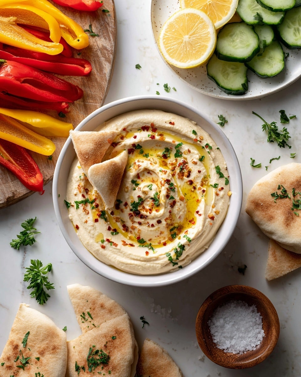 A white bowl of creamy hummus is in the center, topped with a swirl of olive oil, red pepper flakes, and chopped green herbs. Half-moon shaped pita bread wedges are placed into the hummus bowl and scattered around it. On the left side, there are bright red, orange, and yellow mini sweet peppers. On the right side, thick slices of fresh cucumber are arranged in a neat row. A small white plate with two lemon halves and some green parsley sits above the bowl. Two small wooden bowls containing red pepper flakes and coarse salt are placed near the hummus. The whole setup is on a wooden board, set on a white marbled surface. Photo taken with an iphone --ar 4:5 --v 7