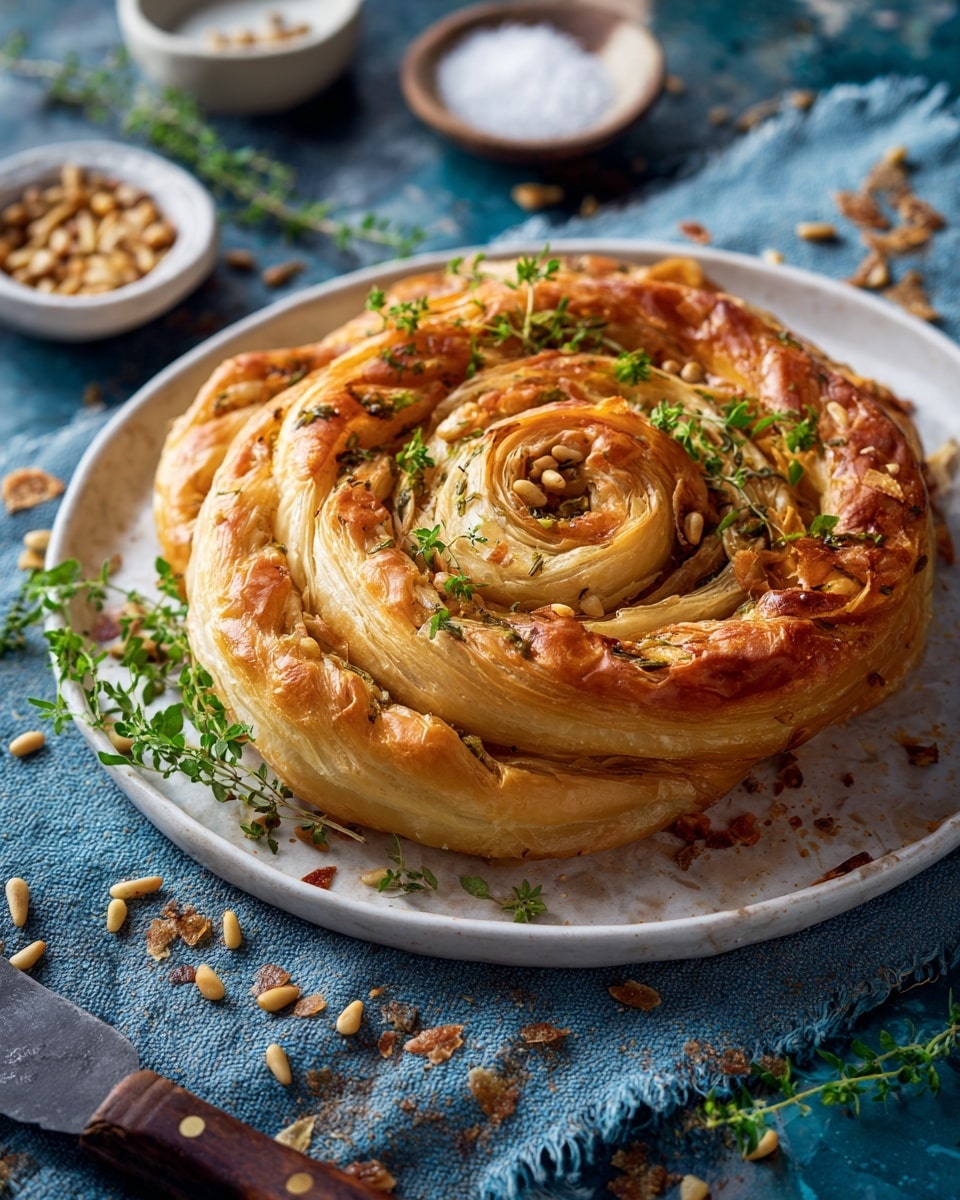 A round, spiral-shaped pastry with golden brown and flaky layers winds tightly in a white round pan, sitting on a dark blue cloth with frayed edges. The pastry's thin, crispy layers are slightly torn in places, revealing an orange filling inside. Small pine nuts are scattered on top and around the pastry, with a few green herb sprigs tucked between the layers. In the background, a white bowl filled with pine nuts and a small dish of coarse salt sit on a dark surface, along with a black-handled knife. Photo taken with an iphone --ar 4:5 --v 7