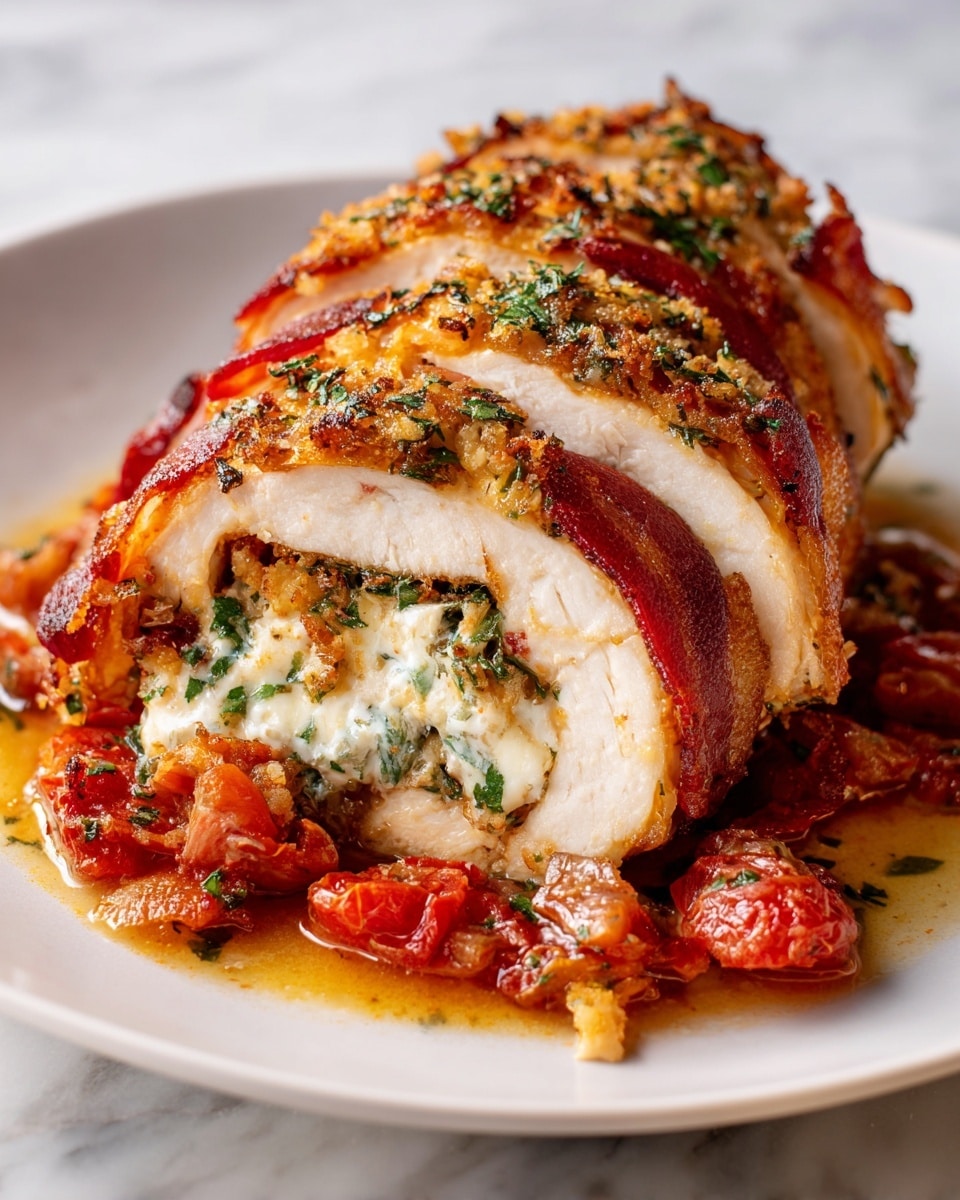 The image shows a sliced stuffed chicken dish on a white plate, placed on a white marbled surface. The chicken has three visible thick slices, each with a golden-brown outer skin covered with a mix of spices and herbs, giving it a textured and crispy look. Inside each slice, there is a layer of melted white cheese mixed with green leafy herbs. Beneath and around the chicken, small reddish-brown bits, likely cooked pieces of tomato or bacon, sit in a light sauce that glistens under the light. The top of the chicken is sprinkled with finely chopped green herbs, adding fresh color to the warm tones of the dish. Photo taken with an iphone --ar 4:5 --v 7