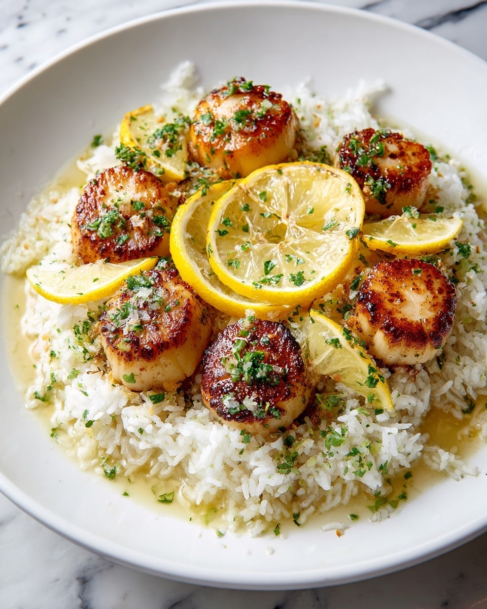 This dish shows six golden-brown seared scallops with a slight crispy edge, sitting on a bed of white, fluffy rice that looks soft and moist. Between the scallops, there are thin, bright yellow lemon slices placed upright, adding a fresh look. The scallops and rice are lightly sprinkled with finely chopped green herbs, giving small dots of green color. The plate is white and round, placed on a white marbled surface, creating a clean and bright setting. photo taken with an iphone --ar 4:5 --v 7