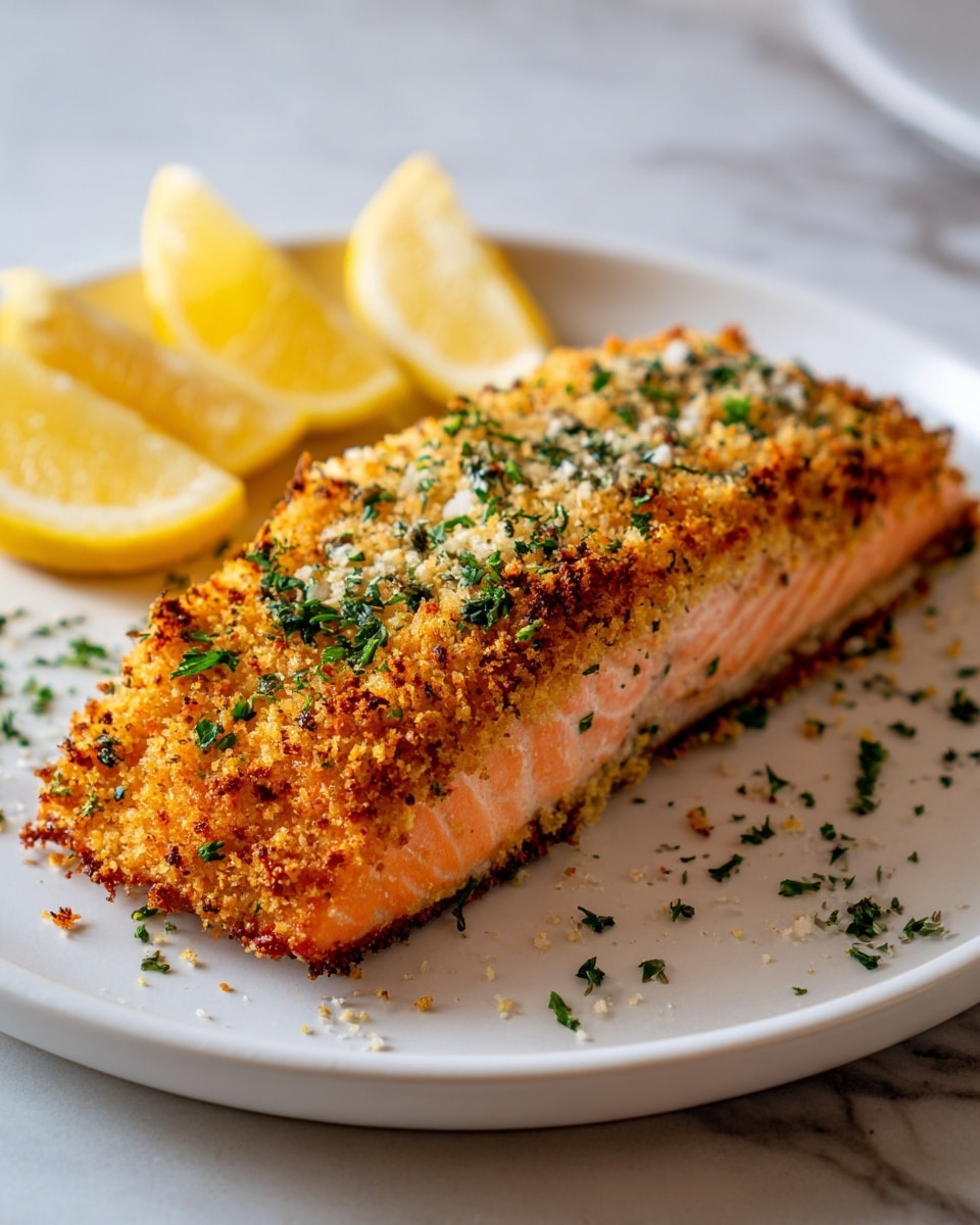 A thick piece of salmon is shown on a white plate, topped with one crispy, golden brown crumb layer mixed with green herbs and small white flakes. The salmon flesh below the crumb is a bright pink-orange, visible on one side. In the background, two lemon wedges sit on the white plate. The plate is placed on a white marbled surface. photo taken with an iphone --ar 4:5 --v 7