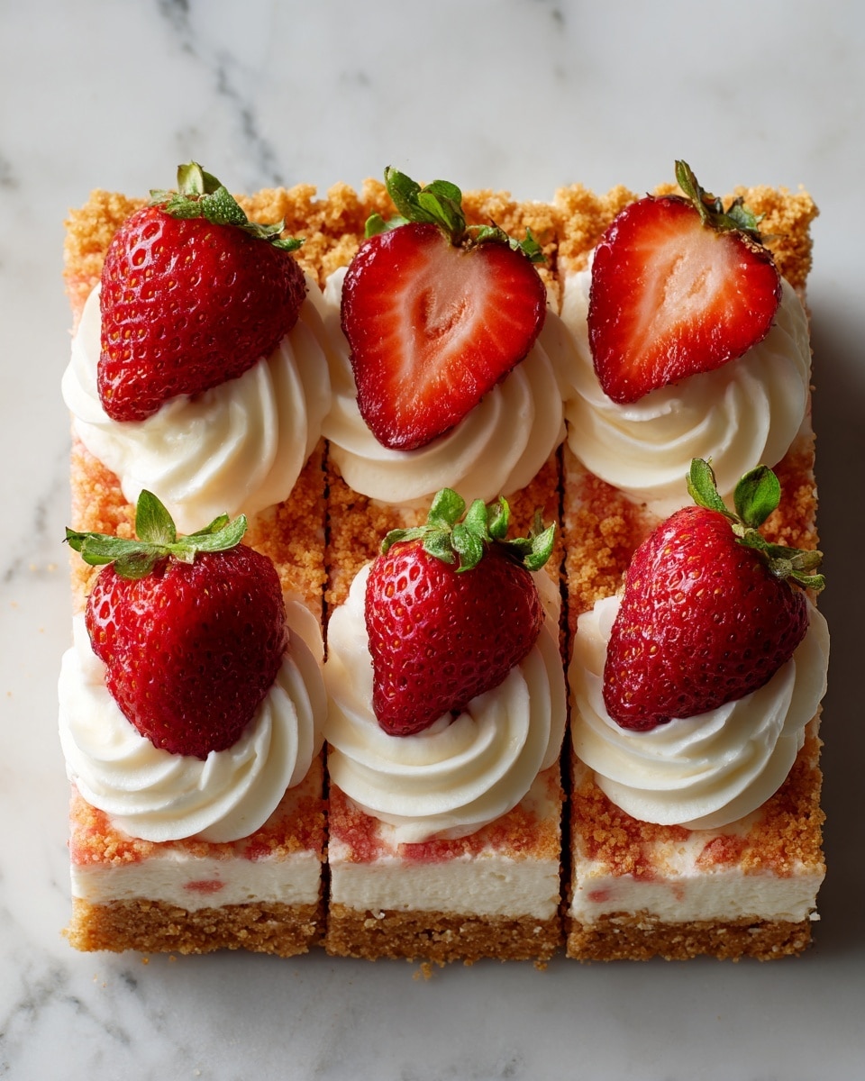 A square piece of pink sponge cake sits on a white plate over a white marbled surface. The cake has two clear layers: a bottom pink sponge layer and a thick white cream layer on top. The cream layer is topped with crumbly tan and light pink crumbs spread evenly. A dollop of white cream rests on top, with half a fresh red strawberry placed on it. A golden fork is stuck into the top crumb layer, standing upright. In the background, there is a clear glass bowl with more crumb topping visible. Photo taken with an iphone --ar 4:5 --v 7