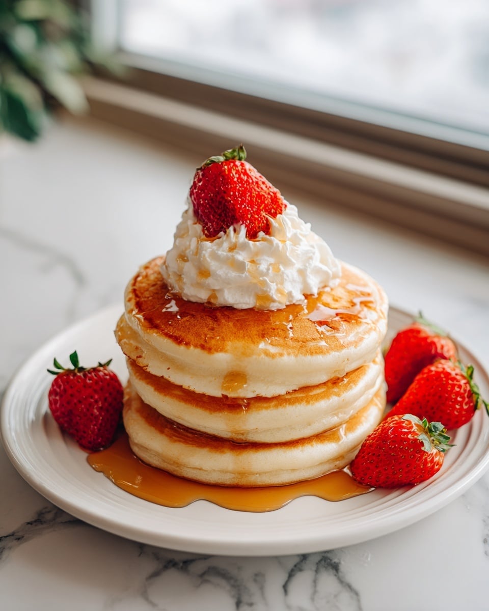 A stack of three thick, fluffy pancakes with golden-brown tops and light, airy texture sits on a white plate. The pancakes are drizzled with amber syrup that flows down the sides and pools on the plate. On top of the stack, there is a large dollop of white whipped cream crowned with three bright red strawberries, each with small seeds and green leafy tops. Around the base of the pancakes on the plate, there are three more whole strawberries. The scene is set on a white marbled surface with a blurred green background. Photo taken with an iphone --ar 4:5 --v 7