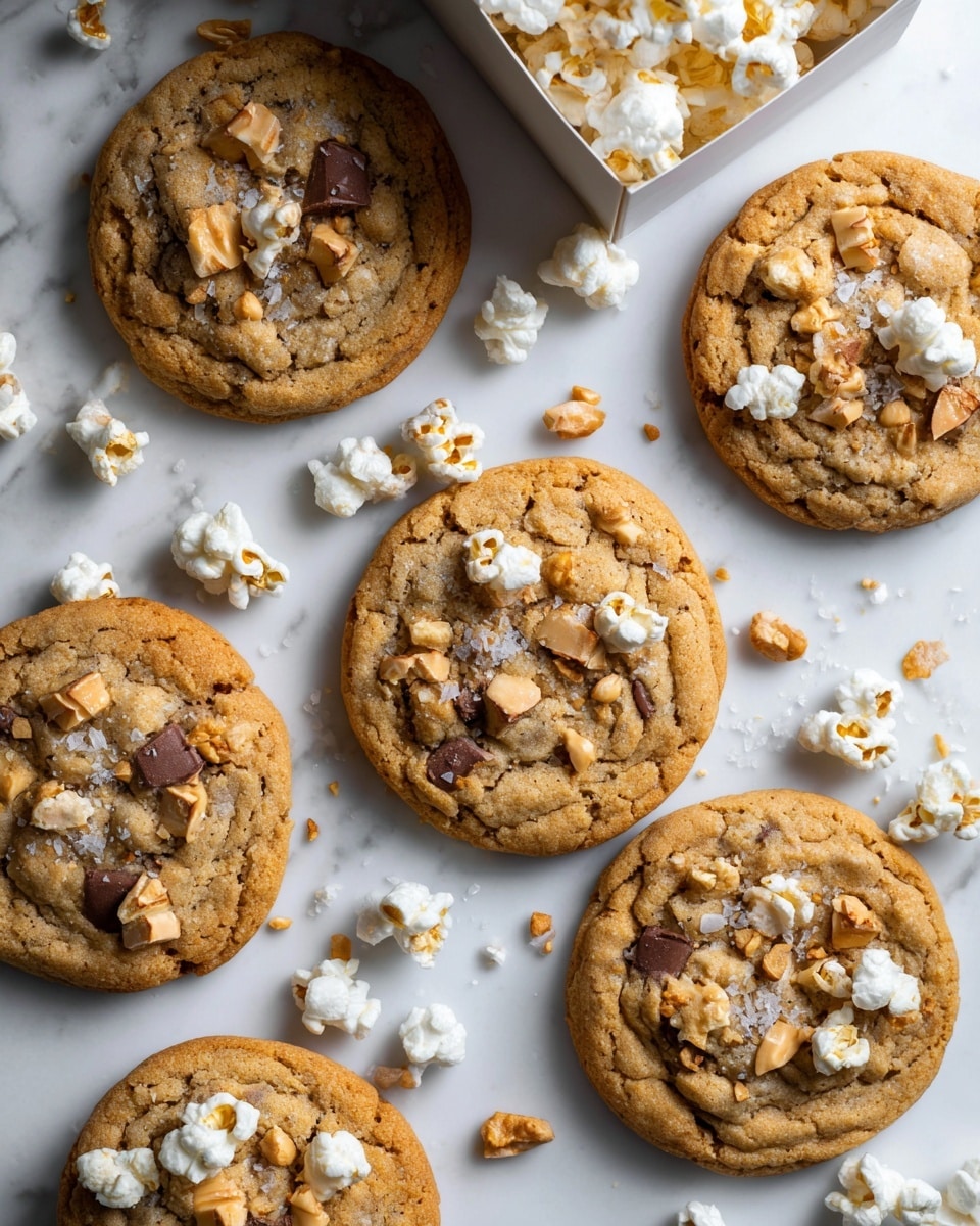 Several round cookies with a golden brown color and slightly cracked tops are spread across a white marbled surface. Each cookie is dotted with small chunks of popcorn and mixed nuts, adding texture on the top layer. Scattered popcorn pieces surround the cookies, some inside a white box resting at the edge of the image. The overall look is warm and crunchy, with a mix of light and darker brown hues. Photo taken with an iphone --ar 4:5 --v 7