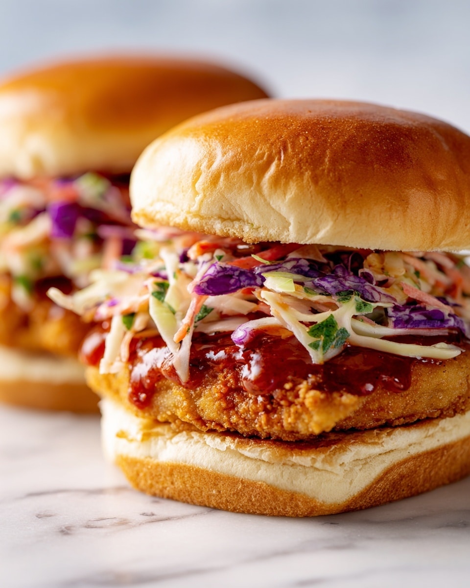 A close-up view of a sandwich cut in half, showing two soft, shiny golden-brown sandwich buns. The bottom bun holds a crispy, golden fried patty with a thick, white inside. On top of the patty, there is a layer of mixed shredded cabbage in white and purple colors. Below the patty, a thick layer of red sauce is visible, slightly dripping. The sandwich halves rest on a white marbled surface with small bits of cabbage and sauce around. photo taken with an iphone --ar 4:5 --v 7