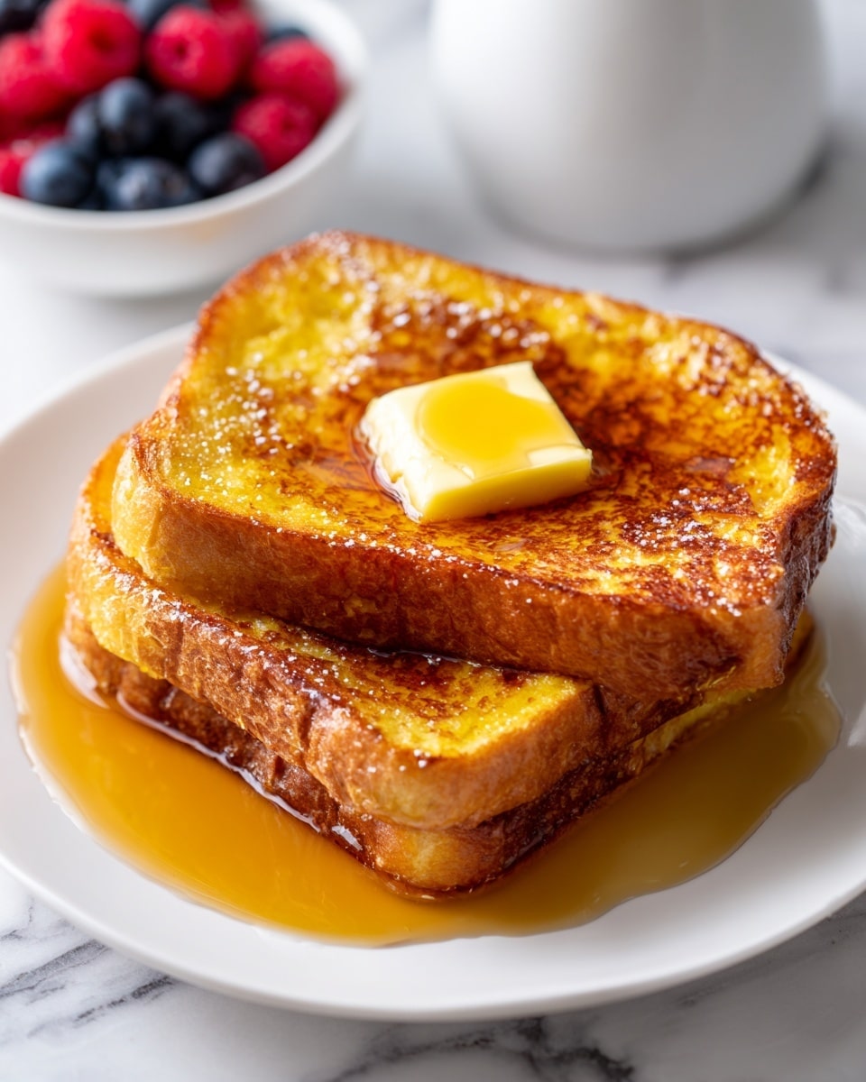A stack of four thick golden-brown slices of French toast is centered on a white plate, with each slice showing a slightly crisp and textured surface. A melting square of butter sits on the top slice, with amber syrup being poured onto it, cascading down the sides of the toast. Three fresh strawberries, two whole and one cut in half, rest on the plate around the toast. In the background, a wooden bowl filled with ripe strawberries and a glass bottle of milk appear on a white marbled surface. A black fork and knife lay near the plate. photo taken with an iphone --ar 4:5 --v 7