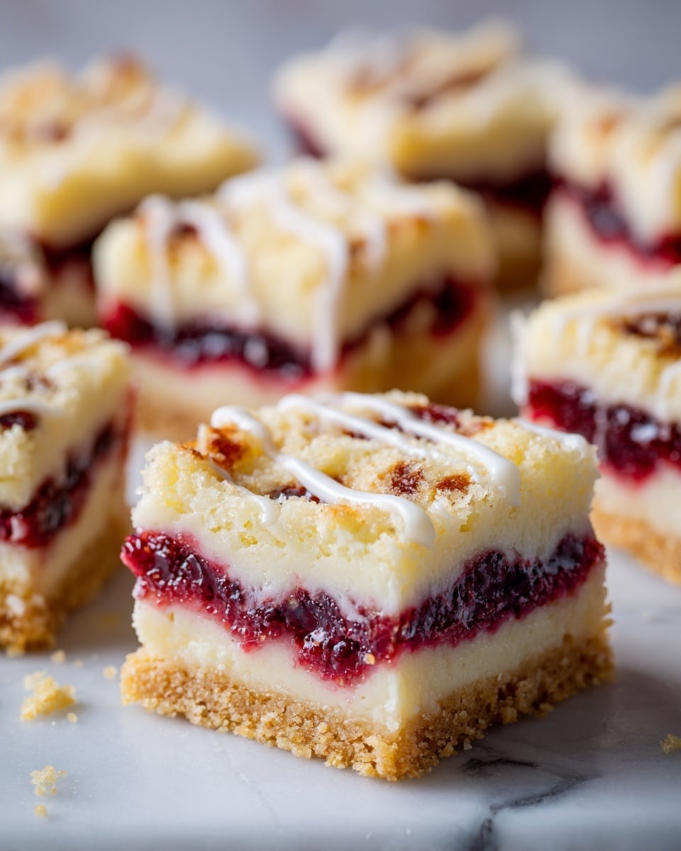 The image shows small square dessert bars arranged closely on a white marbled surface. Each bar has three layers: the bottom layer is a crumbly, golden brown crust, the middle layer is a deep red jam-like fruit filling, and the top layer is a thicker, creamy white mixture with a slightly uneven, crumbly texture and browned spots. The edges of the bars reveal the distinct layers, and the top layer looks soft with some drizzled creamy parts. The background is softly blurred with more bars in similar style, giving a cozy, homemade feel. photo taken with an iphone --ar 4:5 --v 7