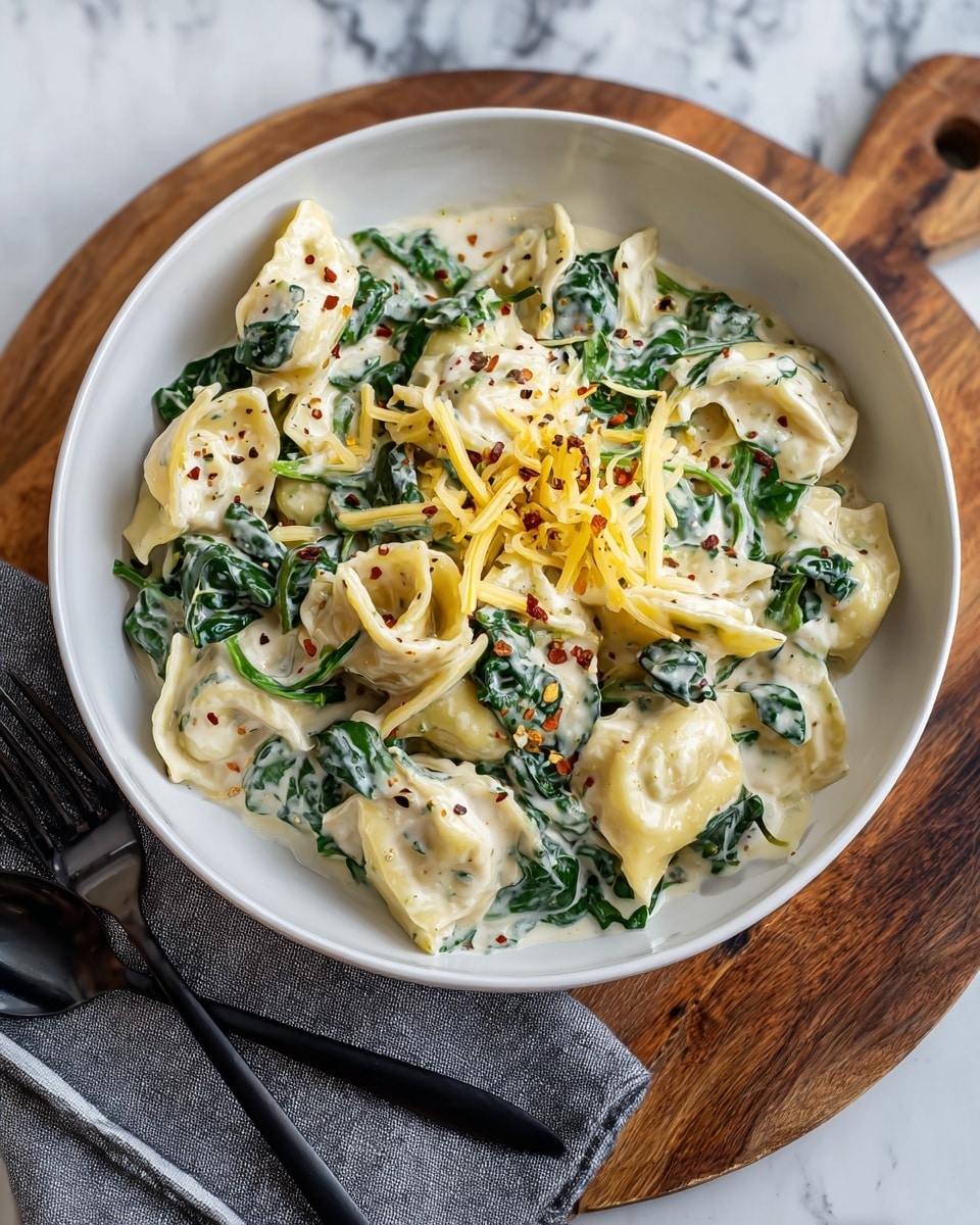 A white bowl filled with three layers of creamy pasta mixed with green spinach and pale yellow artichoke pieces. The pasta has a soft, smooth texture with a light yellow color. The top layer is sprinkled with shredded white cheese and a few red chili flakes for a touch of color. The bowl sits on a wooden tray with a gray cloth underneath, and a black fork and spoon are placed nearby on a white marbled surface. photo taken with an iphone --ar 4:5 --v 7