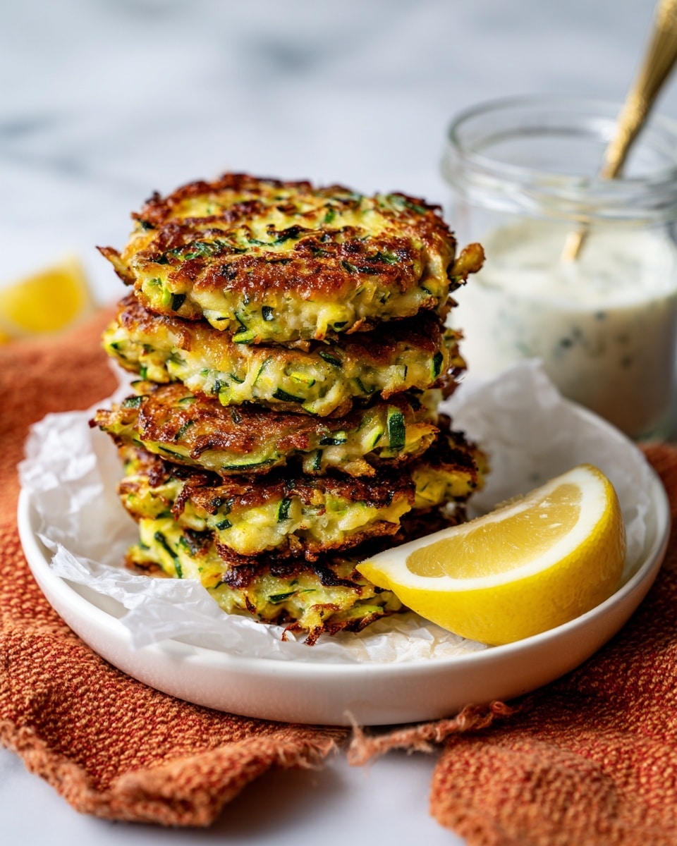 A stack of five fried patties with a crispy golden-brown crust sits on a white plate, showing green bits of zucchini or herbs inside the patties with a rough, crunchy texture. The patties are layered unevenly, with some edges darker and crispier. To the right side of the plate is a half lemon wedge. Behind the plate is a glass jar filled with a white creamy sauce with visible specks, and a black spoon is resting inside the jar. The plate is on a white marbled surface with an orange textured cloth to the left and two yellow lemons blurred in the background. photo taken with an iphone --ar 4:5 --v 7