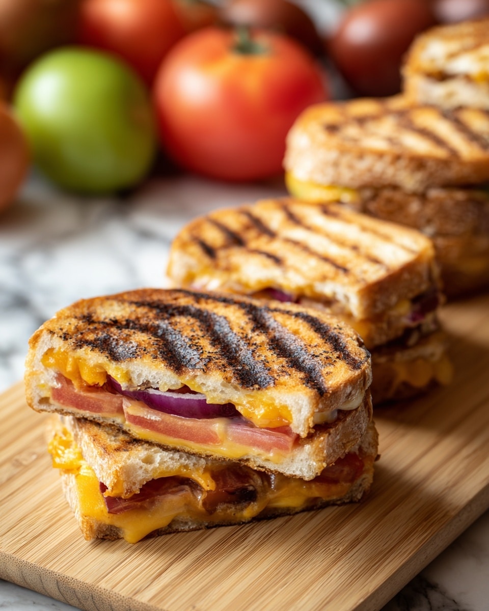 The image shows six slices of whole wheat bread arranged in two rows on a wooden cutting board over a white marbled surface. Each slice has two layers: a bottom layer of light yellow butter spread unevenly, and a top layer that varies—some slices have thinly sliced red onions with white rings, others have thick red tomato slices with black pepper, and two slices are covered with a thick pile of shredded pale yellow cheese sprinkled with black pepper. Around the board, there are three purple onions, two wooden bowls of whole tomatoes in red, green, and brown shades, a small wooden bowl filled with shredded cheese, a small black bowl with coarse salt, and a butter knife with a yellow handle resting on the surface next to a small piece of butter. Photo taken with an iphone --ar 4:5 --v 7