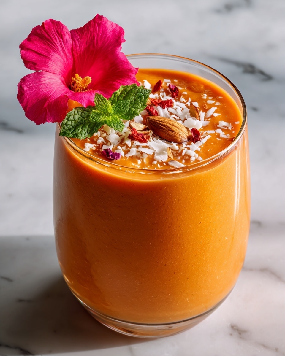 A clear glass filled with a thick, smooth orange-yellow smoothie sits on a white marbled surface. The smoothie is topped with a mix of white shredded coconut flakes, small crunchy nut pieces in light brown and beige, a whole almond placed near the center, and a bright pink edible flower on one side. A fresh green mint leaf is placed next to the flower, adding a touch of green on the top layer. The glass is full, with the toppings spread evenly over the surface of the smoothie. Photo taken with an iphone --ar 4:5 --v 7