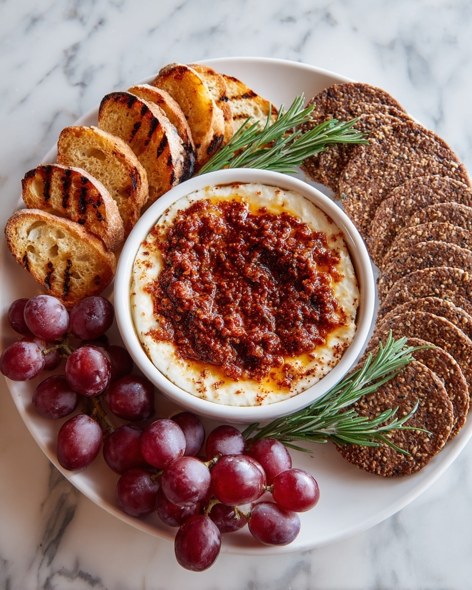 A white round plate holds a small white round dish in the center filled with a browned, melted cheese topped with dark red tomato sauce that has a chunky texture. Around the dish, there are three groups of crunchy bread slices arranged in a curved pattern: four plain toasted pieces with golden brown grill marks on the right and top left, and two groups of four darker, seed-studded crispbread slices on the bottom left and upper right. Two small bunches of deep red grapes with a smooth texture sit near the bottom center and upper middle of the plate, next to the white dish. A few green rosemary sprigs rest near the bottom edge of the plate. The plate is placed on a white marbled background. photo taken with an iphone --ar 4:5 --v 7