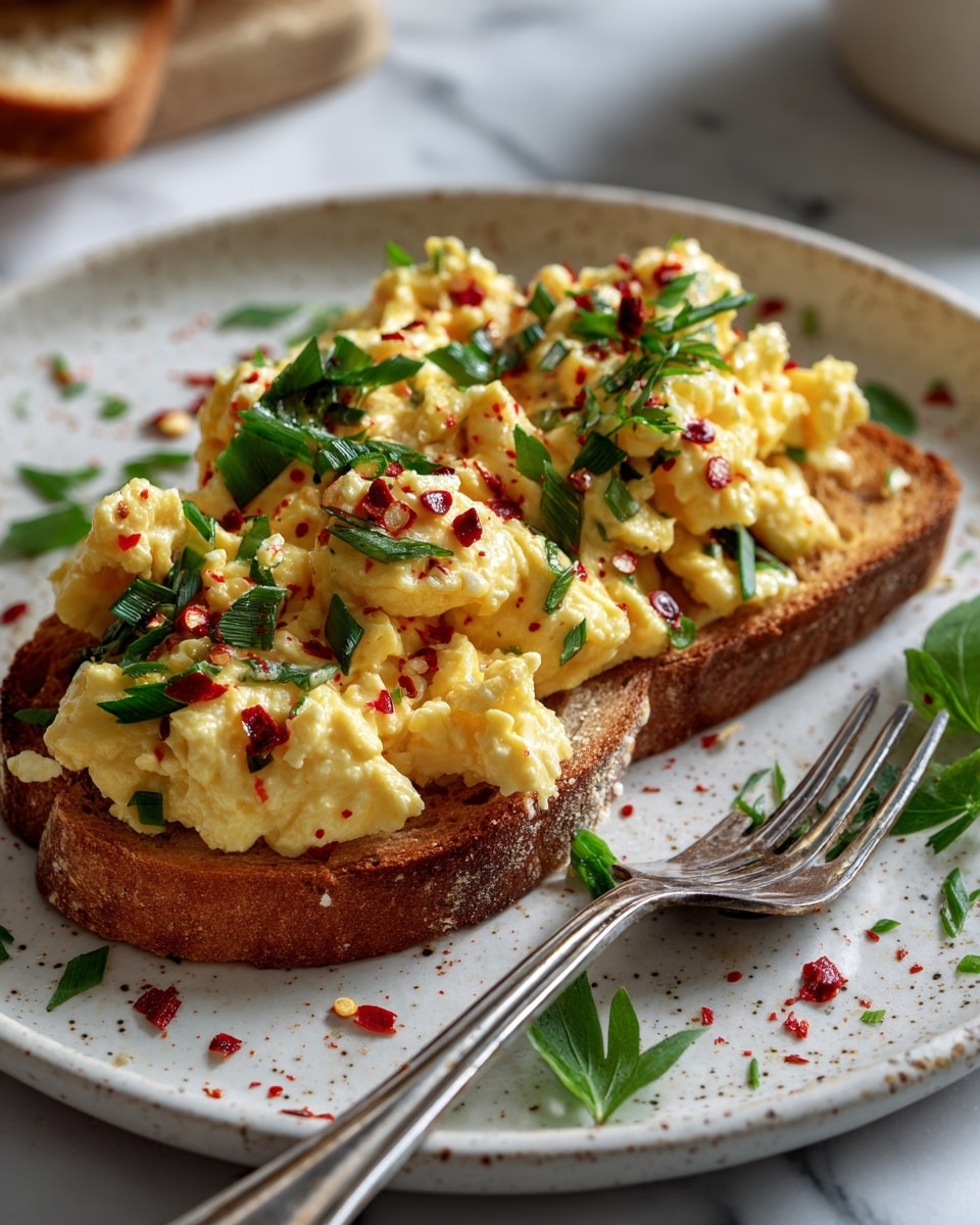 A single slice of toasted bread forms the base layer with a golden brown, crisp texture. On top sits a thick layer of bright yellow scrambled eggs mixed with small bits of sautéed onion, showing a soft and slightly creamy texture. Green chopped scallions are scattered evenly over the eggs, adding a fresh color contrast, along with small bits of red chili flakes sprinkled on top. The dish is served on a white plate with subtle speckled patterns, placed on a white marbled surface. A silver fork rests on the right side of the plate, angled slightly toward the toast. Photo taken with an iphone --ar 4:5 --v 7