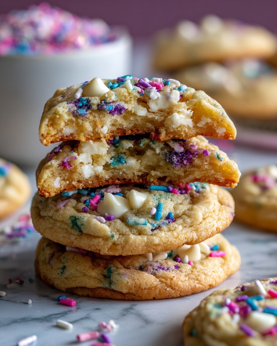 A close-up view of two sugar cookies stacked on top of each other on a white marbled surface, with the top cookie broken to show its soft, light golden inside. Both cookies are light beige with colorful pastel sprinkles in blue, purple, pink, and white scattered on the surface and inside the broken part. In the background, there is a blurred white bowl filled with similar pastel-colored sprinkles. Photo taken with an iphone --ar 4:5 --v 7