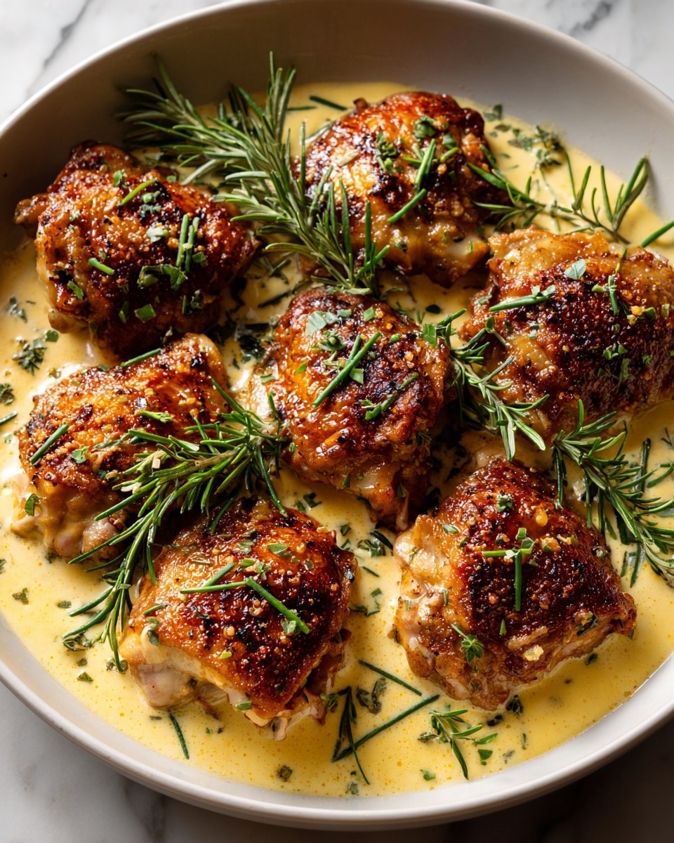 The image shows a shallow white pan filled with nine pieces of browned chicken thighs in a thick yellow creamy sauce. The chicken pieces have a golden brown crust with small charred spots, and the sauce around them is smooth and slightly glossy. Fresh green herbs, including chopped chives and sprigs of rosemary, are sprinkled evenly on top of the chicken and sauce, adding texture and color contrast. The pan is placed on a white marbled surface, creating a clean and bright background. photo taken with an iphone --ar 4:5 --v 7