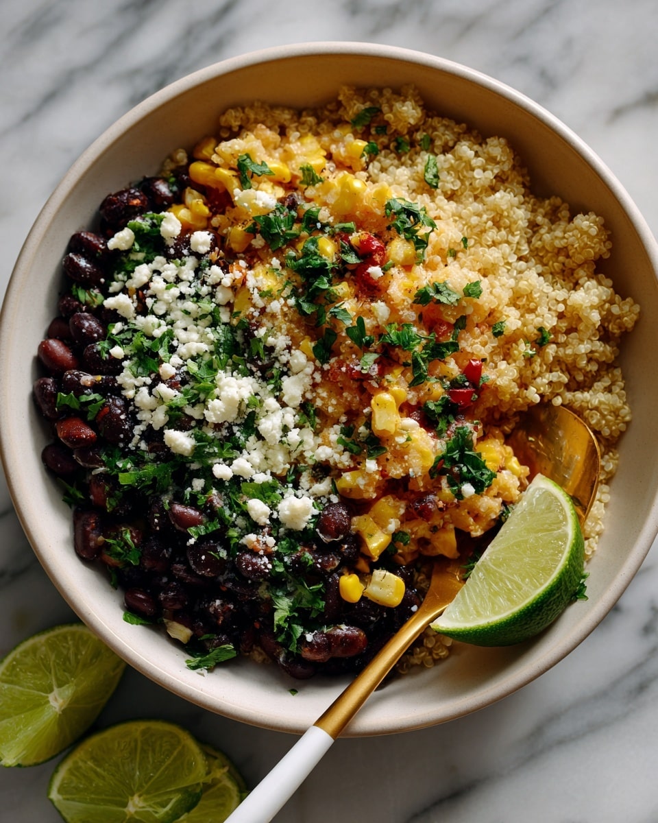 A white bowl is filled with a colorful quinoa salad that has three main layers: at the bottom is light beige fluffy quinoa, topped with bright yellow corn kernels and black beans mixed with chopped greens, and sprinkled with white grated cheese and small bits of fresh green herbs. A wedge of lime sits on the right edge of the bowl, and a spoon with a white handle and gold scoop is scooping some of the salad. The bowl is placed on a white marbled surface, with a few lime wedges scattered around. The photo is taken with an iphone --ar 4:5 --v 7