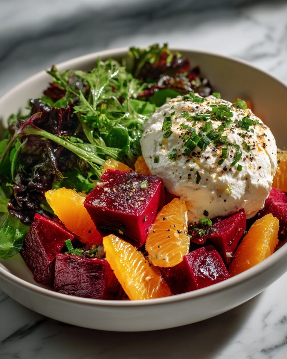 The dish shows a close-up of a white bowl on a white marbled surface filled with a colorful salad. The bottom layer has dark green leafy greens with a fresh, slightly shiny texture. On top are two layers of cubed vegetables and fruits: bright red beets with a smooth matte finish and vibrant orange segments that look juicy and slightly translucent. A large dollop of white creamy cheese, covered with small green herb pieces and sprinkled with black pepper, rests on the right side. The colors are bright, with a mix of soft and firm textures from the greens, fruits, and cheese. Photo taken with an iphone --ar 4:5 --v 7