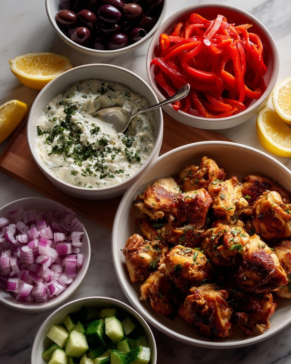 A white rectangular tray lined with parchment paper sits on a white marbled surface, filled with several colorful layers. On the left side, there are sautéed orange and red bell pepper strips. Surrounding the peppers are thin lemon slices spread on the parchment paper. On top of the peppers, near the top center, is a white round bowl filled with dark purple olives. Below this bowl, slightly to the right center, another white bowl contains small cucumber cubes, bright green with a fresh texture. To the bottom left, there is a white bowl of white yogurt-based sauce with green herbs mixed in, and a metal spoon resting inside. Near the bottom center, another small white bowl is filled with finely chopped red onions. The right half of the tray is covered with cooked golden brown chicken pieces. Two woman's hands are holding the tray from the bottom corners. The photo taken with an iphone --ar 4:5 --v 7