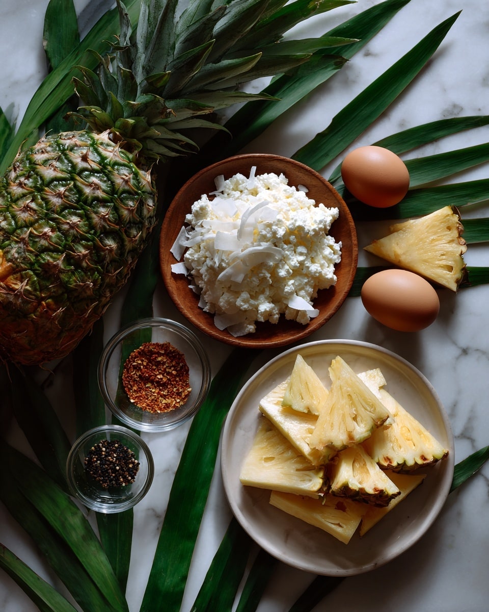 The image shows a whole pineapple with its green leaves on the left side, and a quarter slice of pineapple with the skin on placed near the top right next to two brown eggs. Below the eggs, there is a small wooden bowl filled with shredded white coconut, and next to it, on the left, a small clear bowl containing black pepper. Under the black pepper, a small bowl holds a mix of brownish-red spices. In the middle, there is a clear glass bowl filled with white cottage cheese. Below this, a white, round plate contains several triangular pineapple slices arranged neatly. Two green palm leaves lie diagonally on the white marbled surface, framing the ingredients. The photo was taken with an iphone --ar 4:5 --v 7