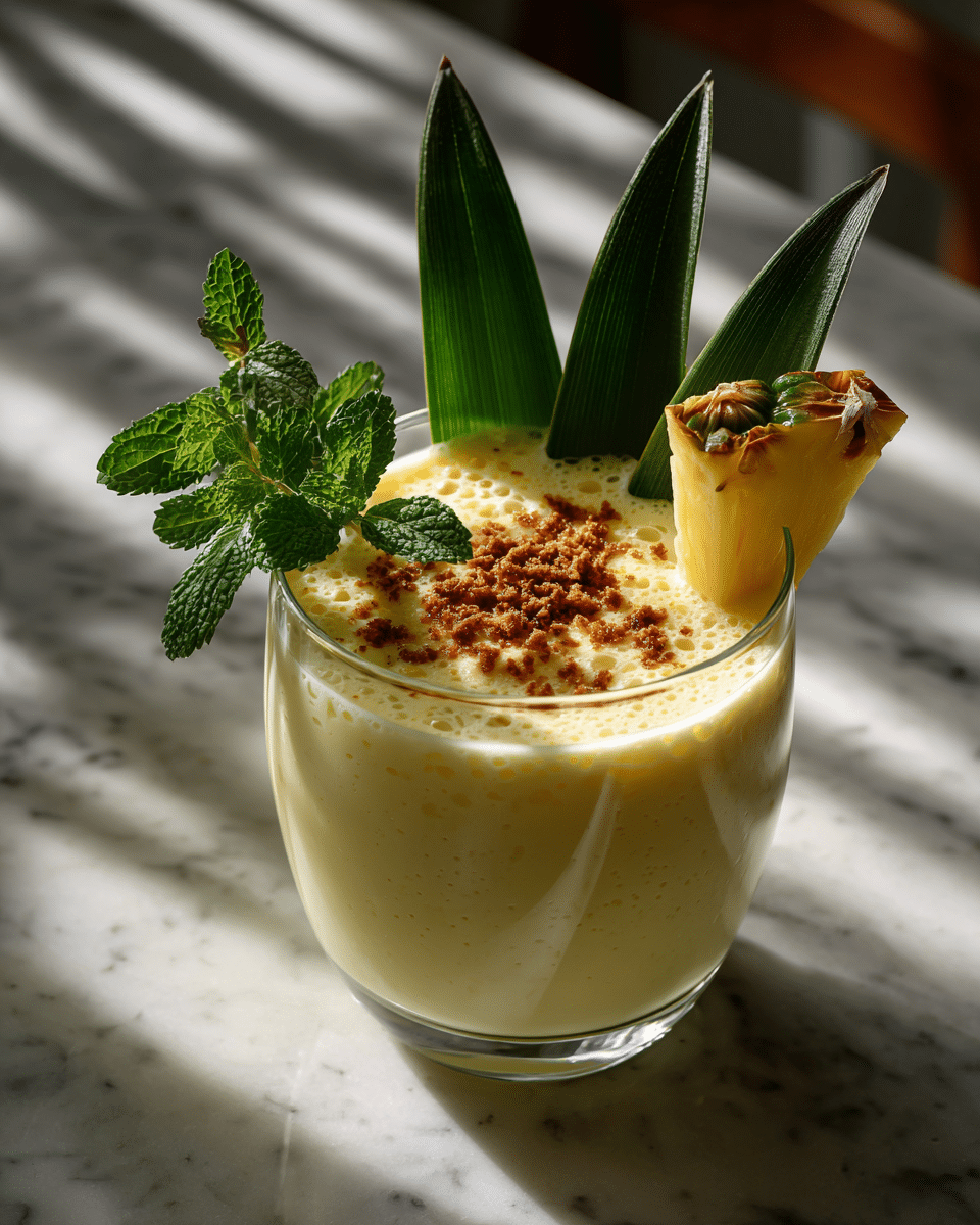 A clear glass filled with a thick, creamy light yellow smoothie, topped with small brown sprinkles scattered on the surface. Two pineapple green leaves stand upright from the back left side of the glass, and a triangular pineapple slice with a rough texture and yellow inside leans on the right side. Bright green mint leaves sit near the pineapple slice on top of the smoothie. The glass is placed on a white marbled surface with soft shadows around it. photo taken with an iphone --ar 4:5 --v 7